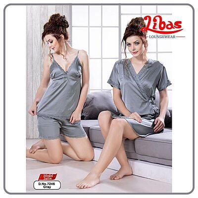 Plain Gray Modal Satin Fancy 3Pcs Baby Doll Night Dress From Libas Loungewear - FCN123