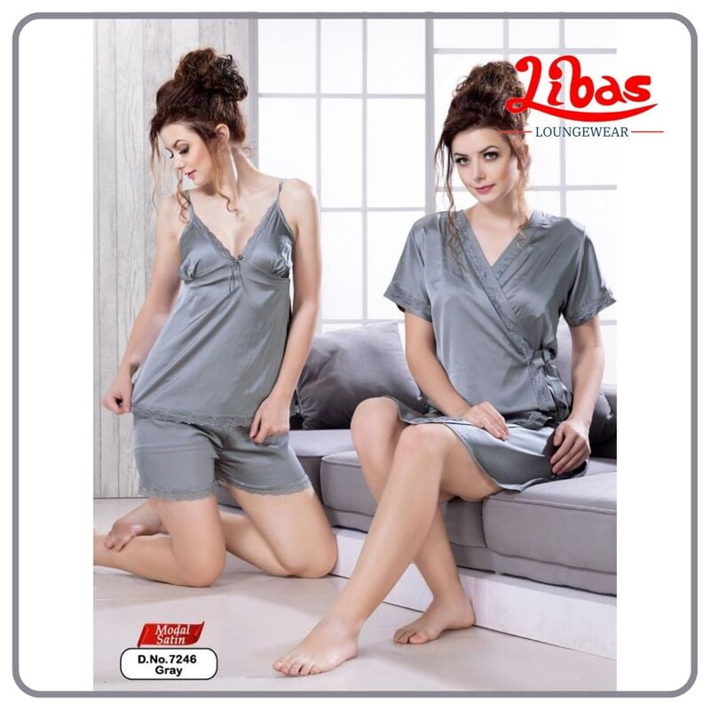 Plain Gray Modal Satin Fancy 3Pcs Baby Doll Night Dress From Libas Loungewear - FCN123 Plain Gray Modal Satin Fancy 3Pcs Baby Doll Night Dress From Libas Loungewear - FCN123
