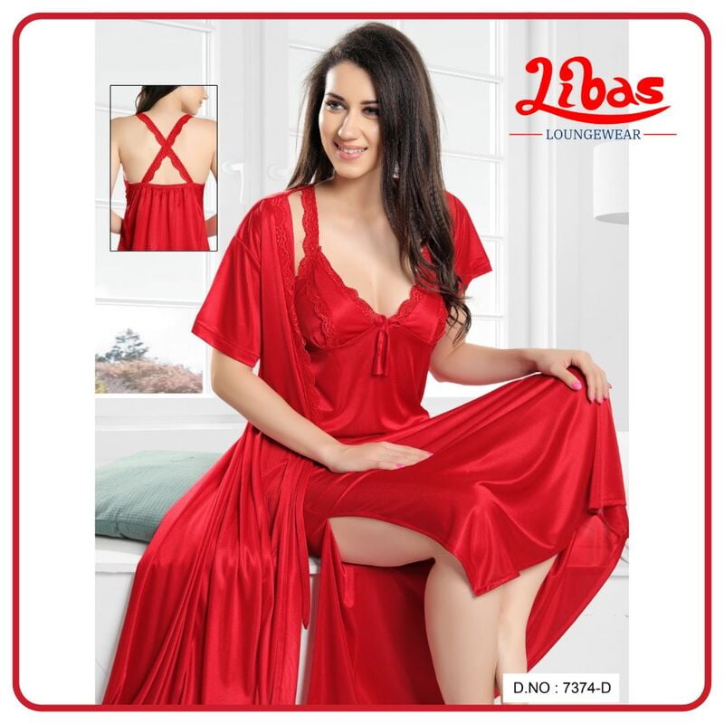 Plain Chilli Red Satin Two Piece Fancy Nighty From Libas Loungewear - FCN122 Plain Chilli Red Satin Two Piece Fancy Nighty From Libas Loungewear - FCN122