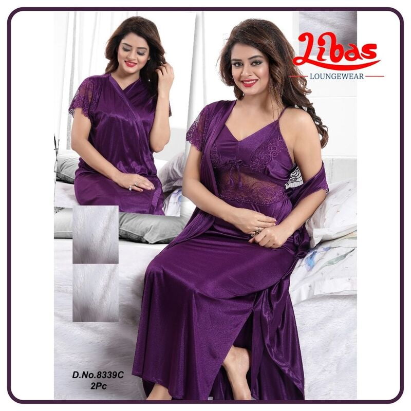 Plain Hot Purple Satin Two Piece Fancy Nighty From Libas Loungewear - FCN144 Plain Hot Purple Satin Two Piece Fancy Nighty From Libas Loungewear - FCN144