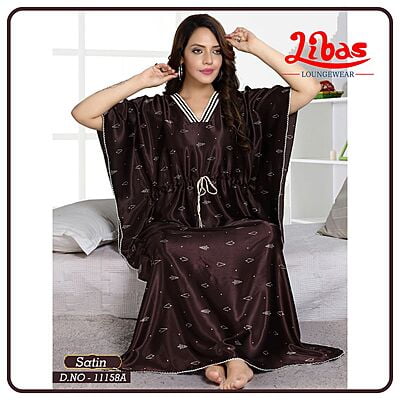 Seal Brown Premium Satin Kaftan Nighty With Tiny Block Print All Over From Libas Loungewear - KF317