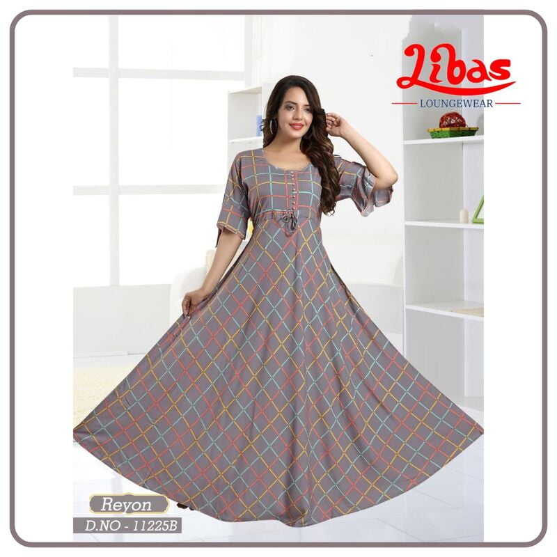 Amethyst Smoke Premium Rayon Anarkali Gown With Checks Print All Over From Libas Loungewear - AN055 Amethyst Smoke Premium Rayon Anarkali Gown With Checks Print All Over From Libas Loungewear - AN055