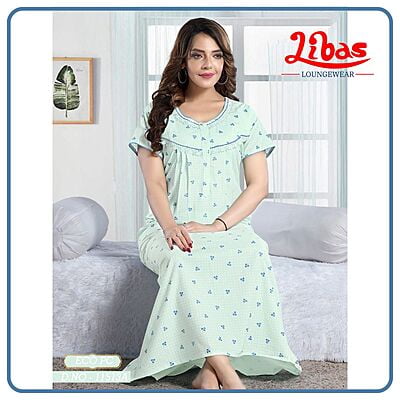 Sky Blue Eco PC Nighty With Tiny Floral & Polka Design All Over From Libas Loungewear - PLT224