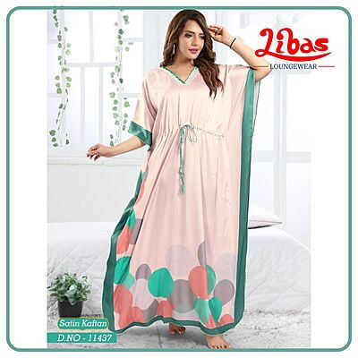 Coral & Green Armani Satin Kaftan Nighty With Geometric Design All Over From Libas Loungewear- KF342