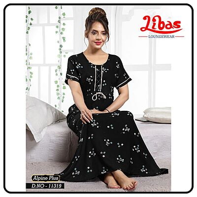 Venom Black Alpine Plus Nighty With Knot Style & Leaf Print All Over From Libas Loungewear - PS470