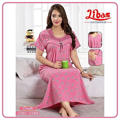 Pale Pink Crush Cotton Nighty With Front and Back Square Neck From Libas Loungewear - PLT231