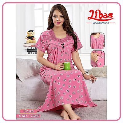 Pale Pink Crush Cotton Nighty With Front and Back Square Neck From Libas Loungewear - PLT231
