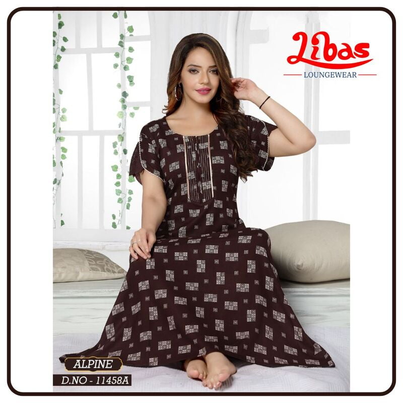 Dark Wood Brown Alpine Nighty With Geometric Design All Over From Libas Loungewear - AL833 Dark Wood Brown Alpine Nighty With Geometric Design All Over From Libas Loungewear - AL833