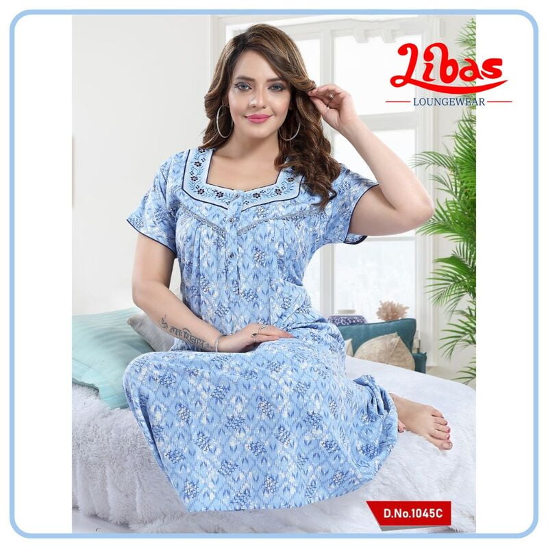 Pale Cornflower Blue Micro P.V Nighty With Block Design All Over From Libas Loungewear - PS478 Pale Cornflower Blue Micro P.V Nighty With Block Design All Over From Libas Loungewear - PS478