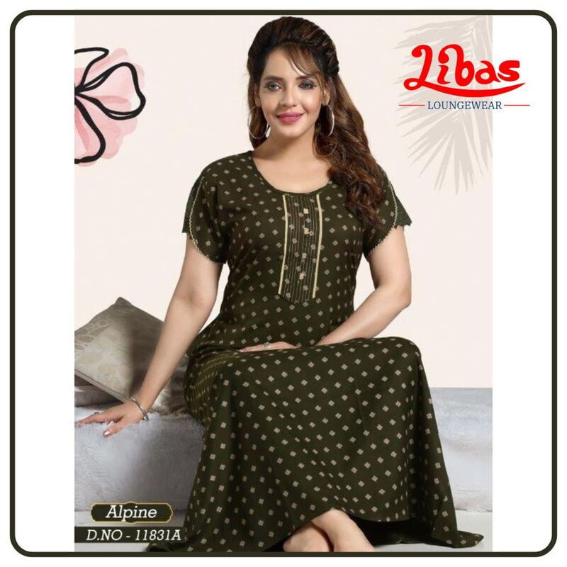 Olive Green Spun Cotton Nighty With Block Print Design All Over From Libas Loungewear - AL855 Olive Green Spun Cotton Nighty With Block Print Design All Over From Libas Loungewear - AL855