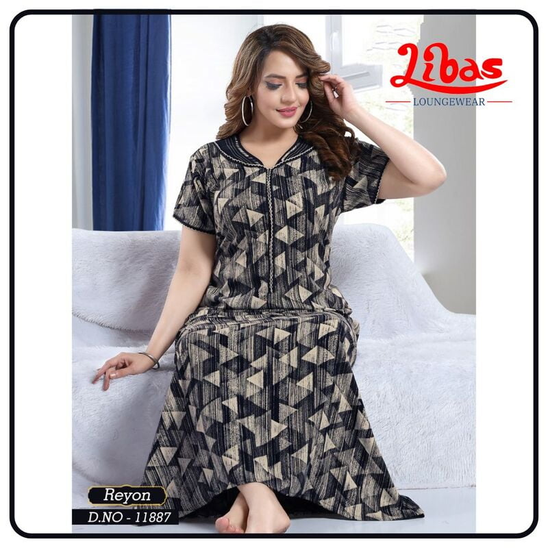 Navy Blue Premium Rayon Nighty With Zip Closure & Geometric Design From Libas Loungewear - PS488 Navy Blue Premium Rayon Nighty With Zip Closure & Geometric Design From Libas Loungewear - PS488