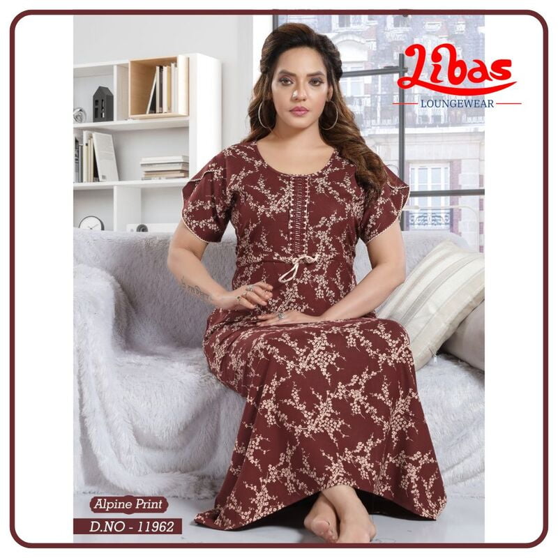 Rust Brown Spun Cotton Nighty With Tiny Blossom Print All Over From Libas Loungewear - AL894