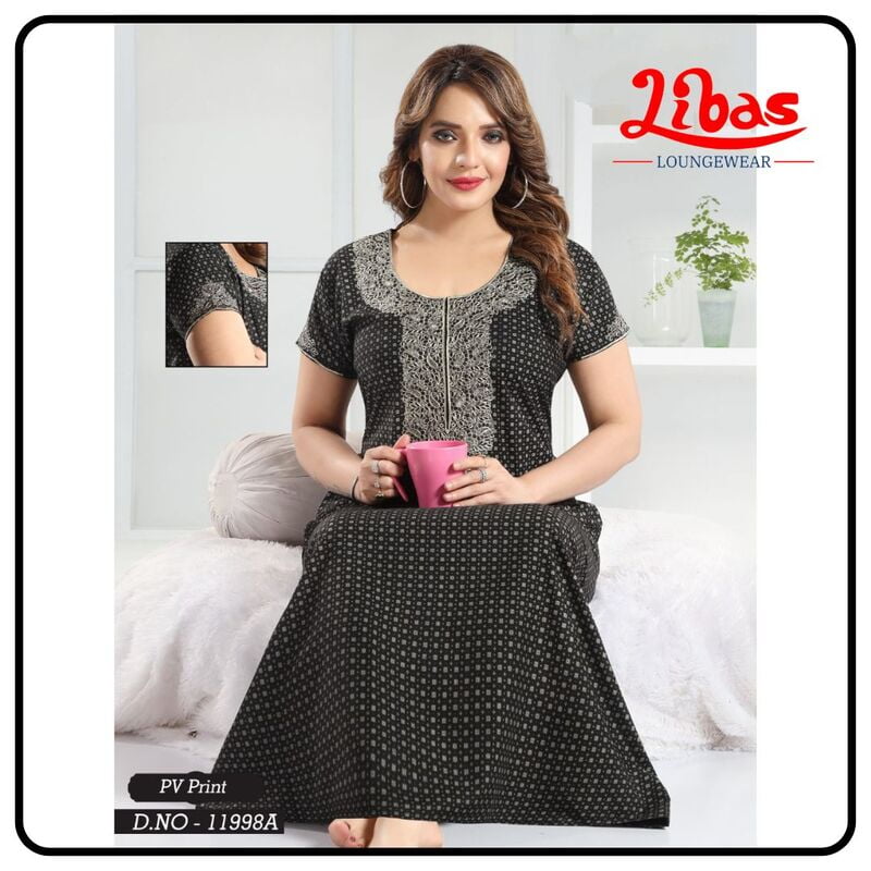 Beaver Black Bizi Lizi Printed Embroidery Nighty From Libas Loungewear - EN165