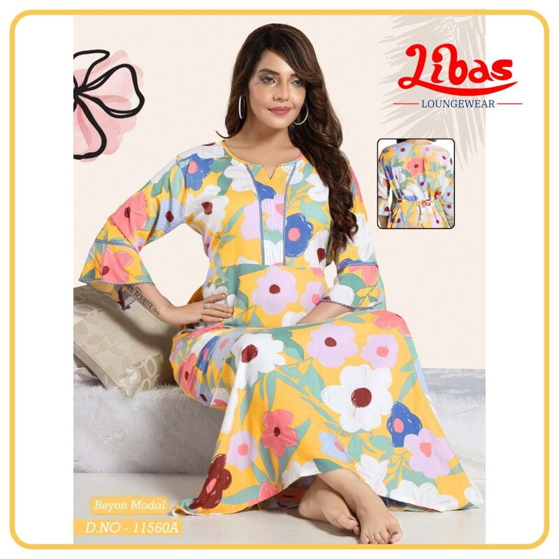 Grandis Yel Rayon Modal Long Sleeve Nighty With Floral Print All Over From Libas Loungewear - LSN189
