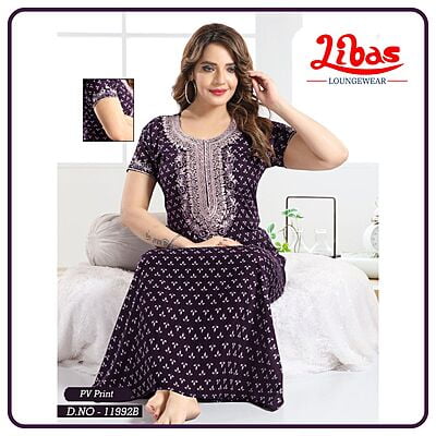Dark Hot Purple Bizi Lizi Printed Embroidery Nighty From Libas Loungewear - EN168