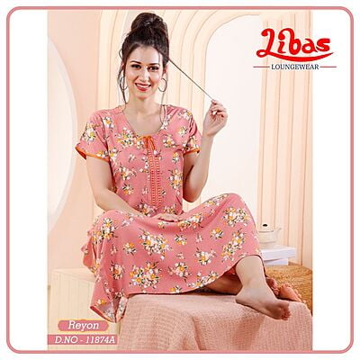 Ewak Pink Premium Rayon Nighty With TIny Floral Design All Over From Libas Loungewear - AL918
