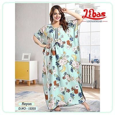 Clear Day Premium Rayon Kaftan Nighty With Floral Design All Over From Libas Loungewear - KF371