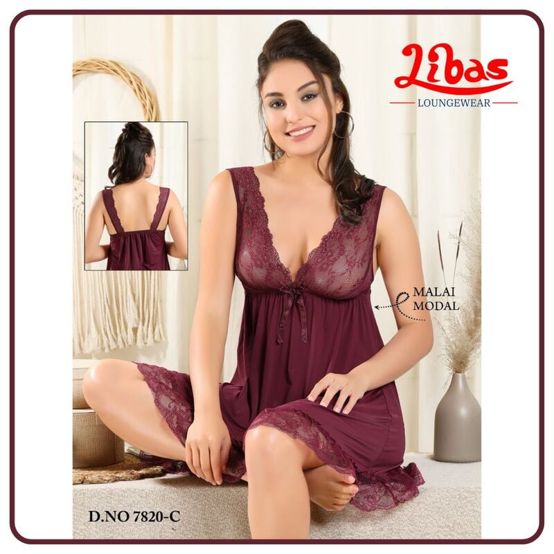 Plain Pohutukawa Colored Malai Fancy One Piece Baby Doll Night Dress From Libas Loungewear - FCN180