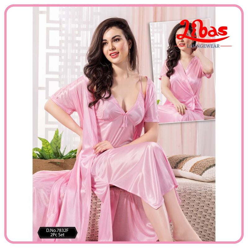 Plain Baby Pink Satin Two Piece Fancy Nighty From Libas Loungewear - FCN185 Plain Baby Pink Satin Two Piece Fancy Nighty From Libas Loungewear - FCN185