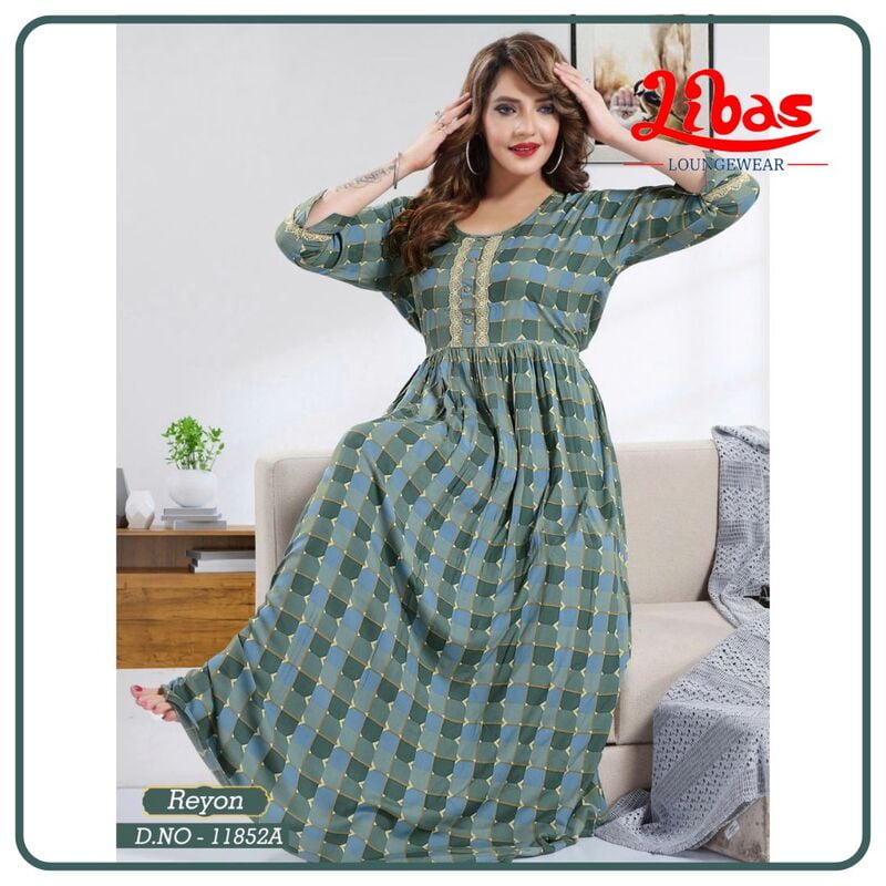 Sage Green Premium Rayon Long Sleeve Nighty With Geomeric Design From Libas Loungewear - LSN199 Sage Green Premium Rayon Long Sleeve Nighty With Geomeric Design From Libas Loungewear - LSN199