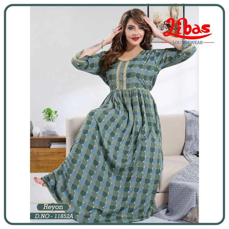 Sage Green Premium Rayon Long Sleeve Nighty With Geomeric Design From Libas Loungewear - LSN199