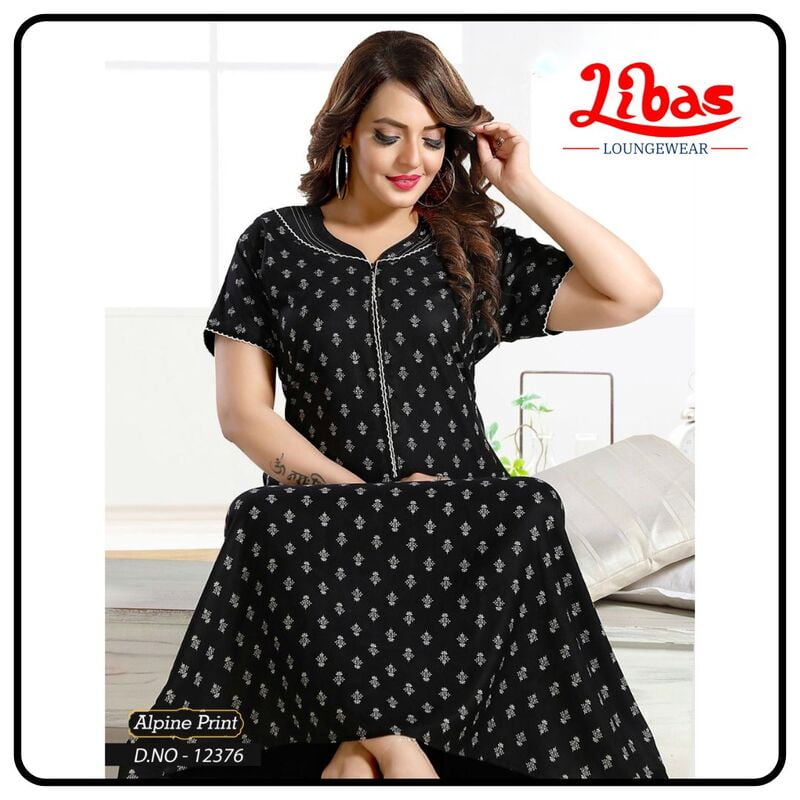 Russian Black Spun Cotton Nighty With Block Print & Front Zip Closure From Libas Loungewear - AL957 Russian Black Spun Cotton Nighty With Block Print & Front Zip Closure From Libas Loungewear - AL957