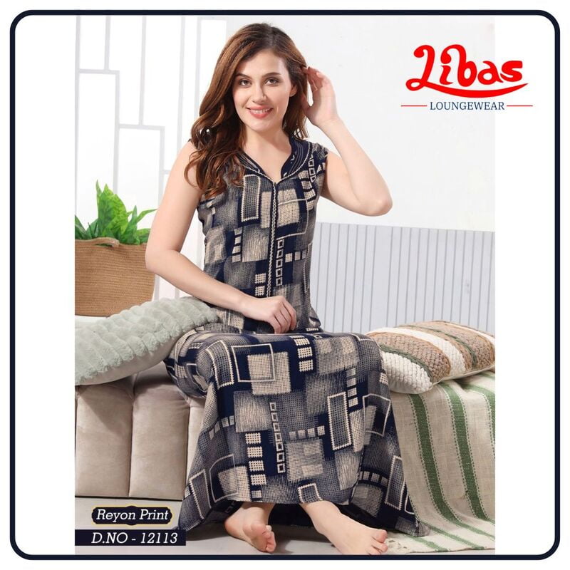Navy & Del Rio Rayon Sleeveless Nighty With Geoemtric Print All Over From Libas Loungewear - SL097 Navy & Del Rio Rayon Sleeveless Nighty With Geoemtric Print All Over From Libas Loungewear - SL097