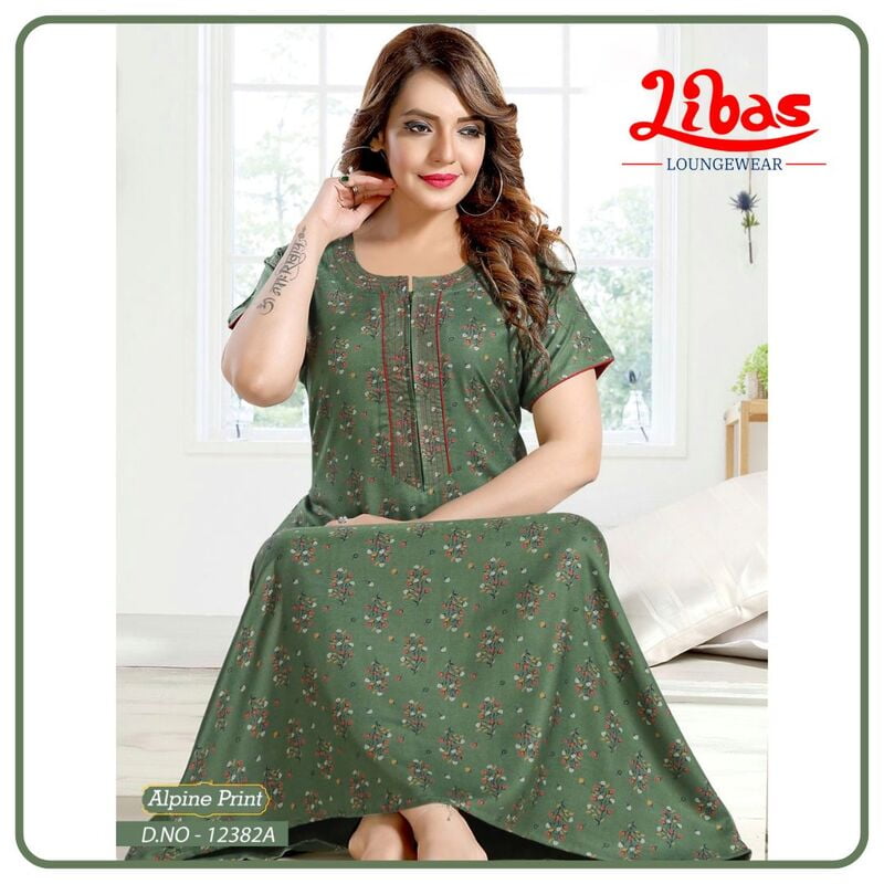 Cactus Green Spun Cotton Nighty With Tiny Floral Print All Over From Libas Loungewear - AL962