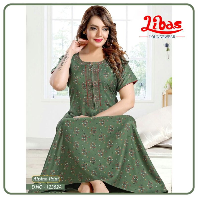 Cactus Green Spun Cotton Nighty With Tiny Floral Print All Over From Libas Loungewear - AL962 Cactus Green Spun Cotton Nighty With Tiny Floral Print All Over From Libas Loungewear - AL962