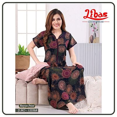 Navy & Olive Green Premium Rayon Nighty With Front Zip Closure From Libas Loungewear - AL967