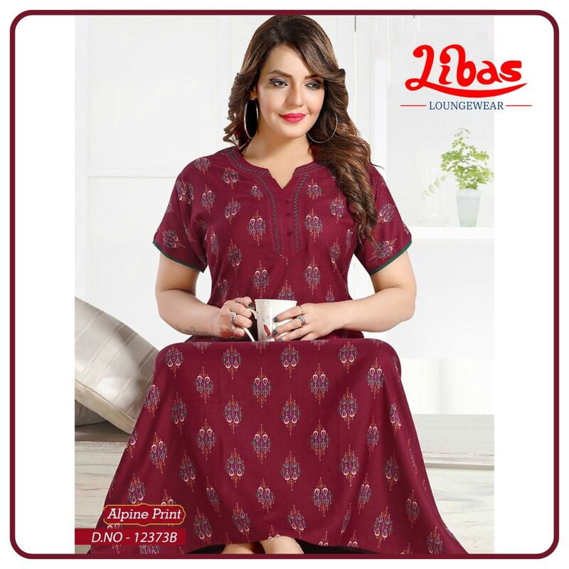 Red Berry Spun Cotton Nighty With Block Print All Over From Libas Loungewear - AL972