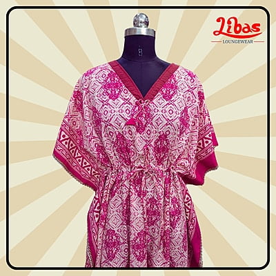 Pinky Cotton Kaftan Nighty With Floral Design From Libas Loungewear - KF377