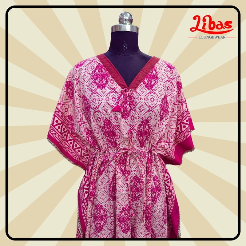 Pinky Cotton Kaftan Nighty With Floral Design From Libas Loungewear - KF377 Pinky Cotton Kaftan Nighty With Floral Design From Libas Loungewear - KF377