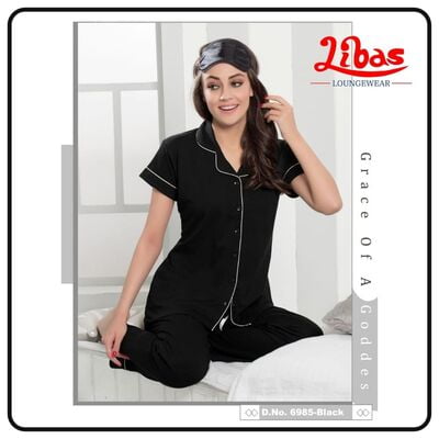 Plain Black Hosiery Plus Women Collar Night Suit From Libas Loungewear - FPS087