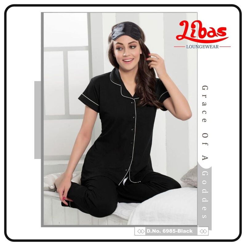 Plain Black Hosiery Plus Women Collar Night Suit From Libas Loungewear - FPS087 Plain Black Hosiery Plus Women Collar Night Suit From Libas Loungewear - FPS087