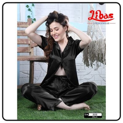 Plain Black Armani Satin Women Night Suit With Button Closure From Libas Loungewear - FPS097