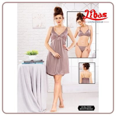 Plain Misty Rose Colored Satin Three Piece Baby Doll Night Dress From Libas Loungewear - FCN084