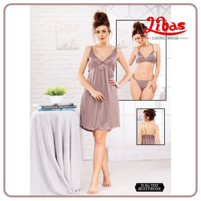 Plain Misty Rose Colored Satin Three Piece Baby Doll Night Dress From Libas Loungewear - FCN084