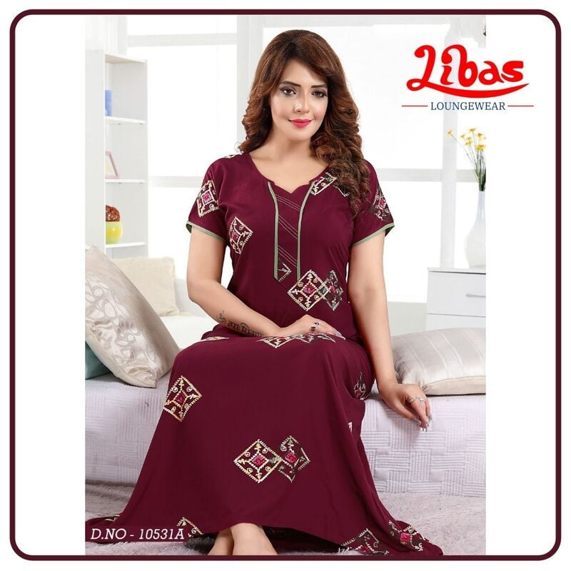 Pohutukawa Premium Rayon Embroidery Nighty With Geometric Print From Libas Loungewear - AL607