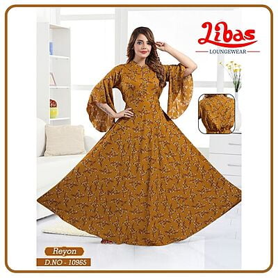 Golden Brown Premium Rayon Anarkali Gown With Geometric Print All Over From Libas Loungewear - AN049