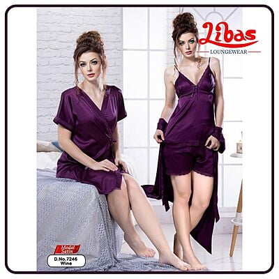 Plain Wine Modal Satin Fancy 3Pcs Baby Doll Night Dress From Libas Loungewear - FCN113