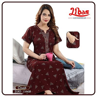Auburn Brown Crush Cotton Nighty With Triangle Print All Over From Libas Loungewear - PS445