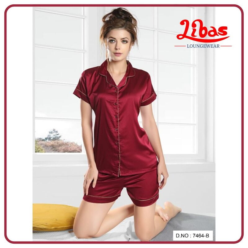 Plain Maroon Armani Satin Women Shorts Set With Button Closure By Libas Loungewear - SPS020