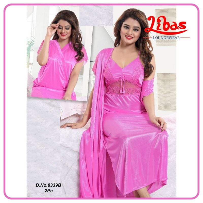 Plain Tea Rose Satin Two Piece Fancy Nighty From Libas Loungewear - FCN143