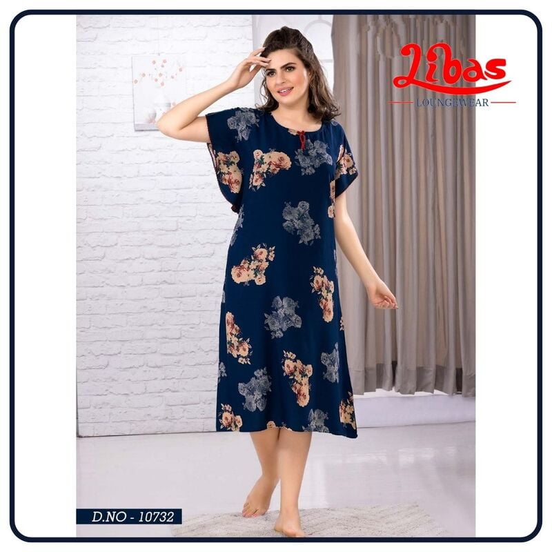Tangaroa Blue Premum Rayon Short Nighty With Floral Print All Over From Libas Loungewear - SHN068 Tangaroa Blue Premum Rayon Short Nighty With Floral Print All Over From Libas Loungewear - SHN068