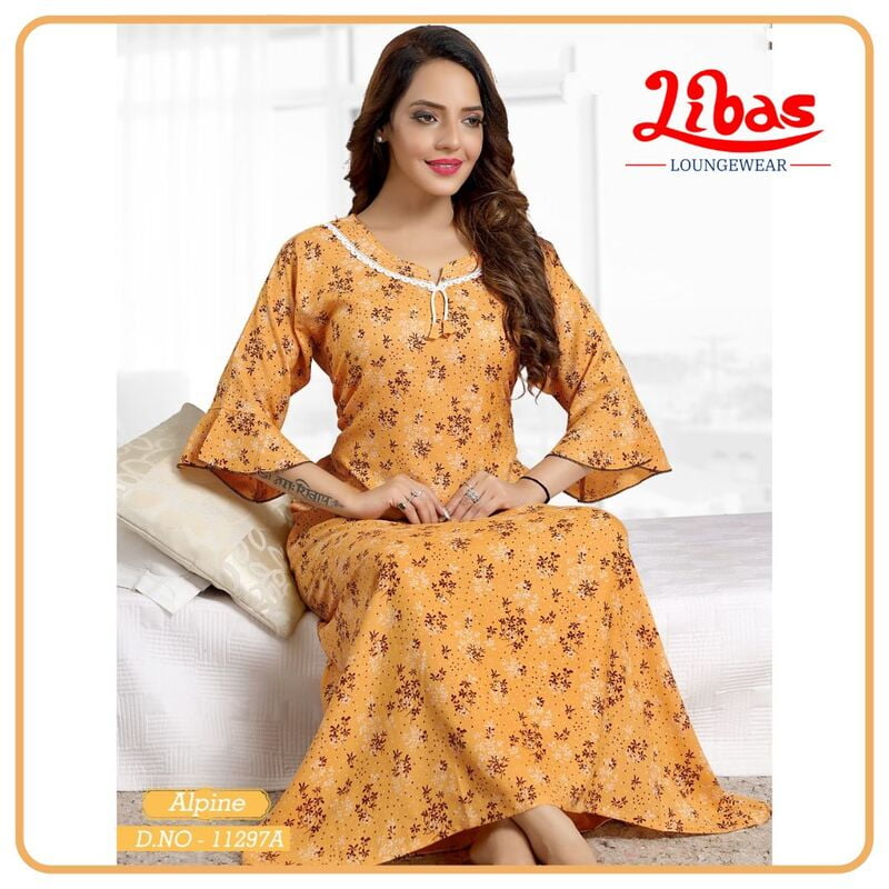 Casablanca Spun Cotton Long Sleeve Nighty With Floral Print All Over From Libas Loungewear - LSN164 Casablanca Spun Cotton Long Sleeve Nighty With Floral Print All Over From Libas Loungewear - LSN164