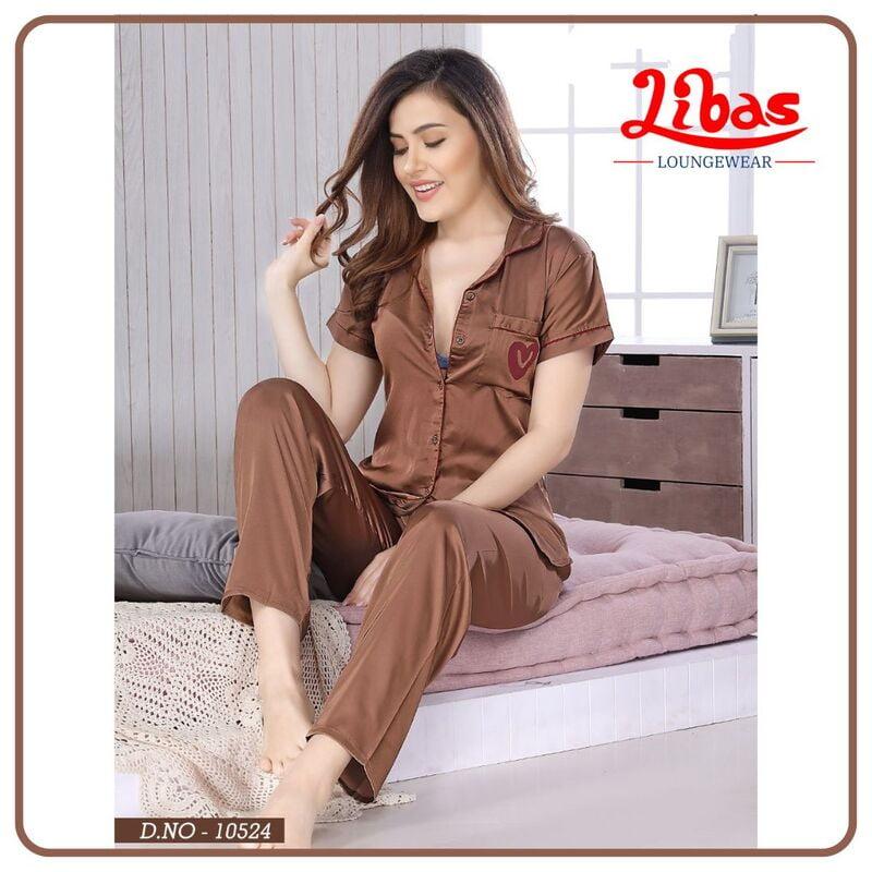 Plain Chocolate Brown Armani Satin Women Night Suit With Collar Style From Libas Loungewear - FPS115