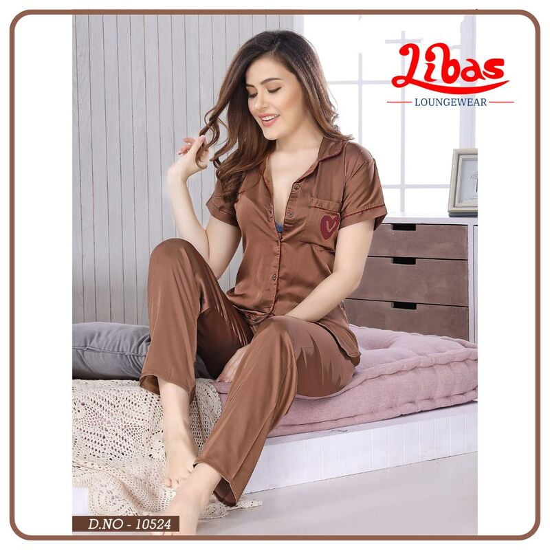 Plain Chocolate Brown Armani Satin Women Night Suit With Collar Style From Libas Loungewear - FPS115 Plain Chocolate Brown Armani Satin Women Night Suit With Collar Style From Libas Loungewear - FPS115