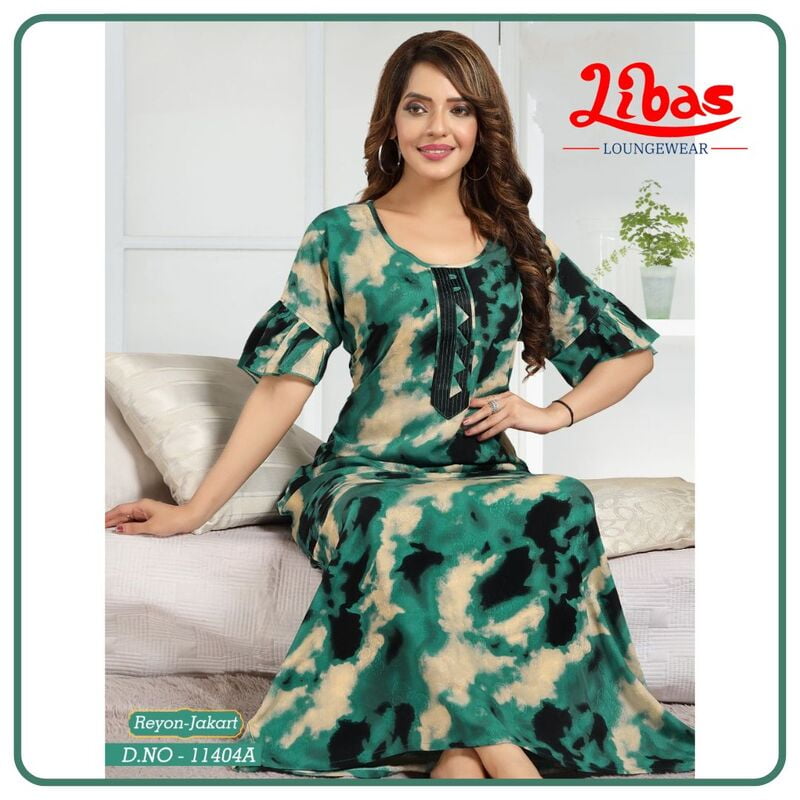 Viridian Premium Rayon Tie & Dye Nighty With Jakart Print All Over From Libas Loungewear - AL839 Viridian Premium Rayon Tie & Dye Nighty With Jakart Print All Over From Libas Loungewear - AL839