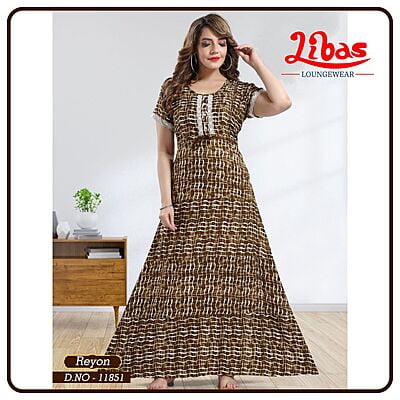 Wood Brown Premium Rayon Nighty With Patch Work Design All Over From Libas Loungewear - AL865